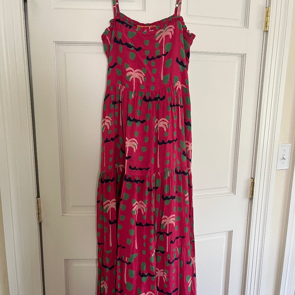 Oliphant Ipanema Midi Sundress Pink Palm Tree Whimsey Resortwear Cotton Silk